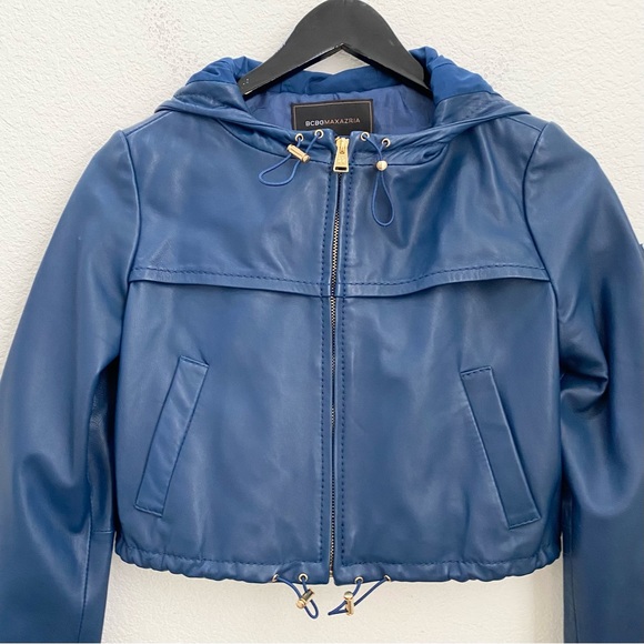 BCBGMaxAzria Blue Cropped Hooded 100% Leather Jacket Size XS - Picture 9 of 16